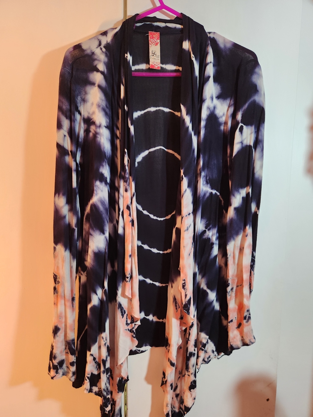 Tie-Dye Open Front Cardigan - Navy And Pink